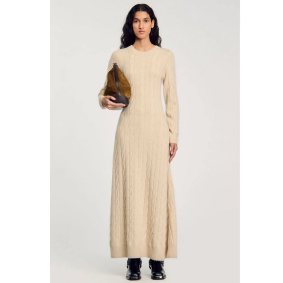 SANDRO Women's Cable Knit Maxi Dress Size 42 (US 10) In Beige - Picture 1 of 11